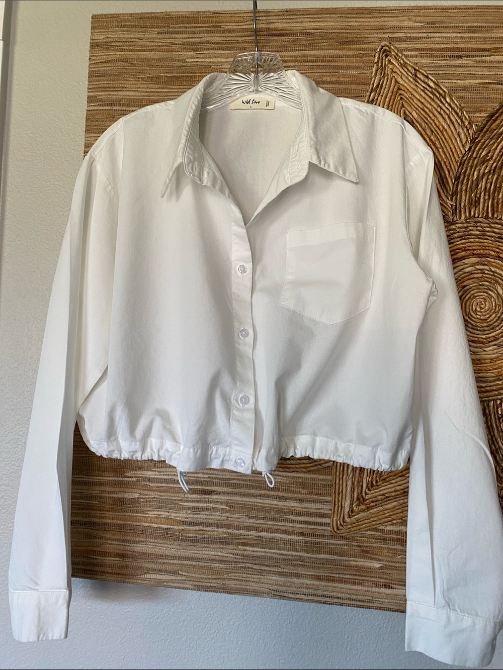 White Crop Button-Up Cotton Shirt Madewell Zara Mango Urban Outfitters J Crew L